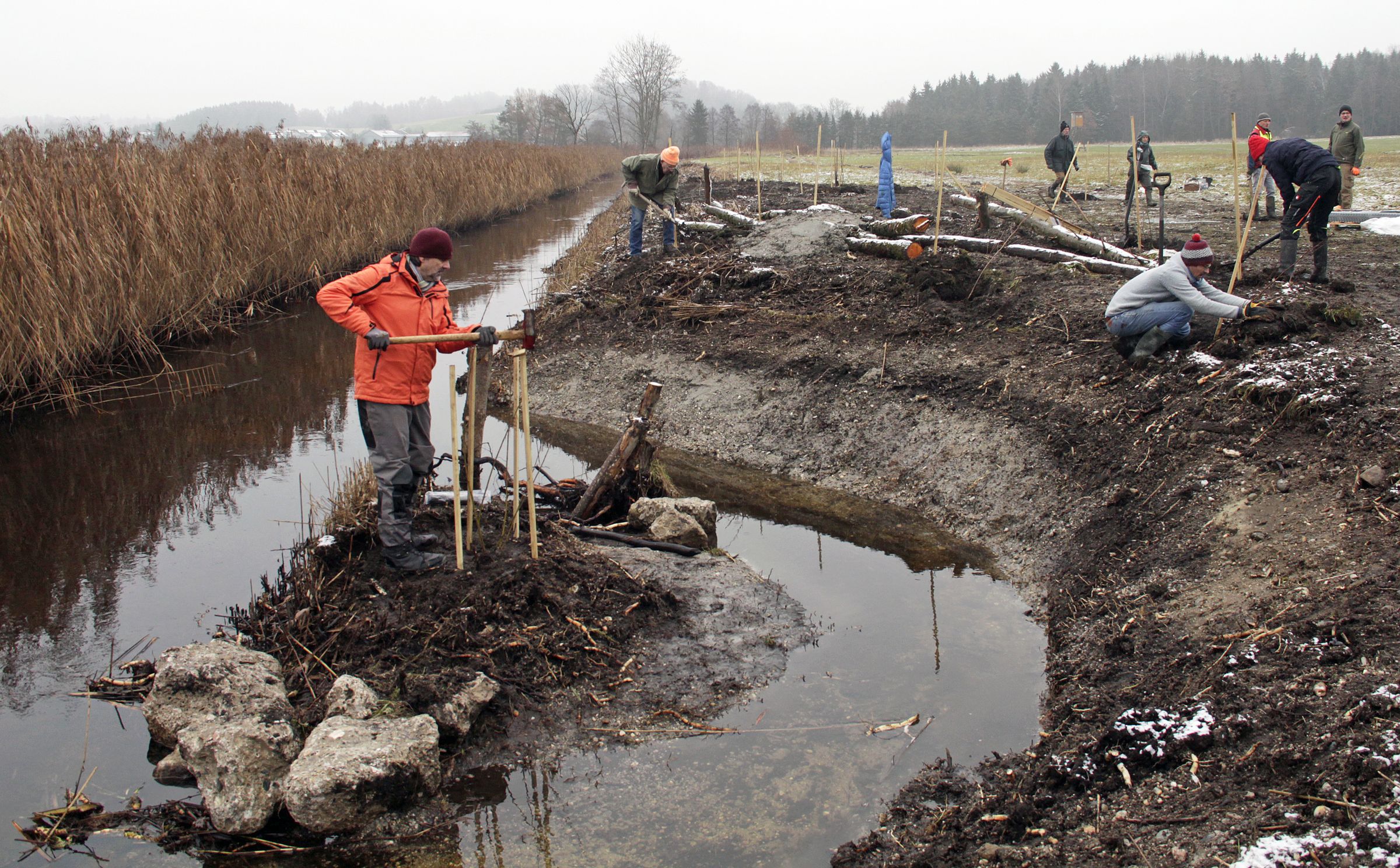 Foto: C. Lahr - Renaturierung Ischler Ache Ein Mann schlägt Pfähle ein